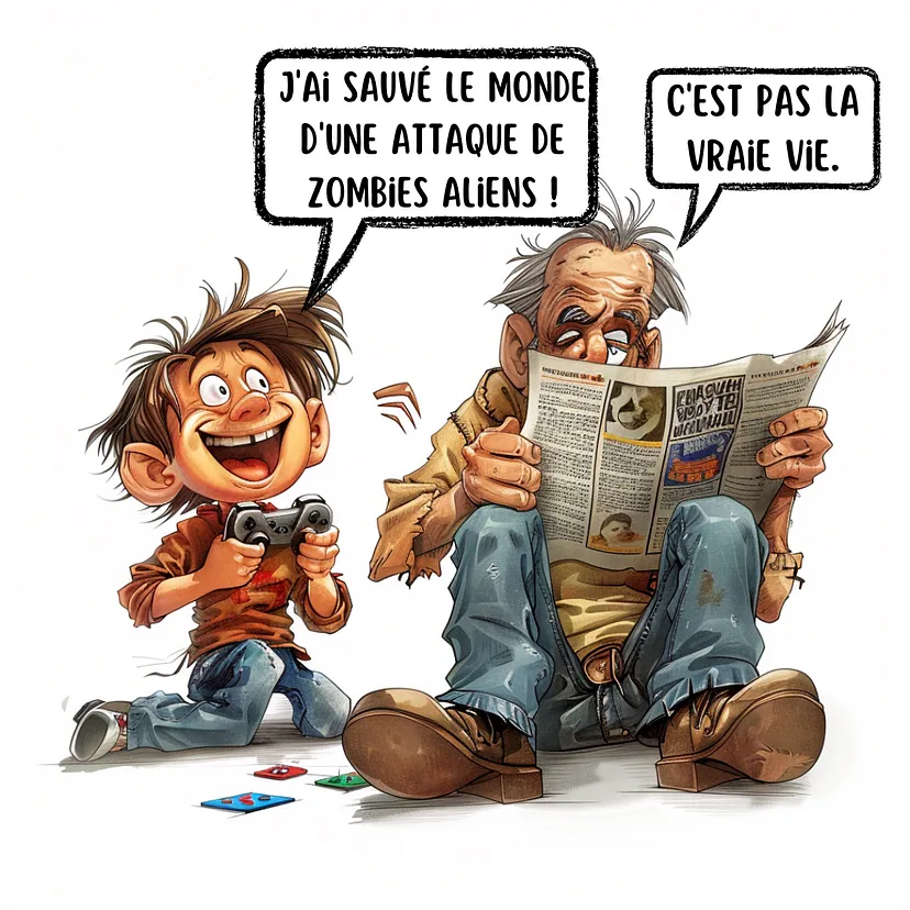 Illustration humoristique.
Un adolescent exalté, une manette à la main dit : "J'ai sauvé le monde d'une attaque je zombies aliens !"
Un adulte désabusé derrière un journal lui répond : "C'est pas la vrai vie".