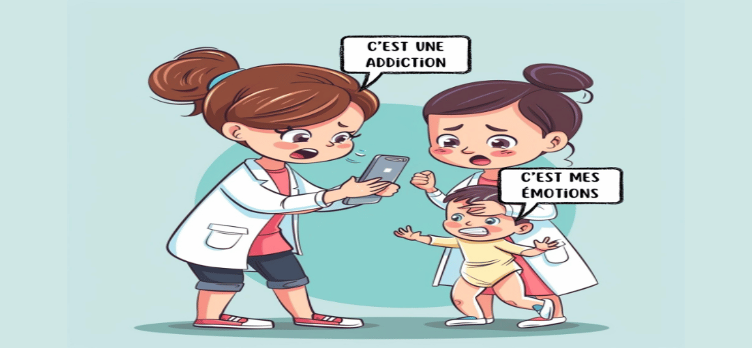 Deux soignants effrayées tiennent un smartphone dans les mains en disant : "c'est une addiction". Un jeune enfant leur réponde c'est mes émotions