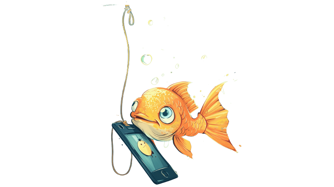 Un poisson rouge qui fait un câlin à un smartphone accroché au bout d'un hameçon.