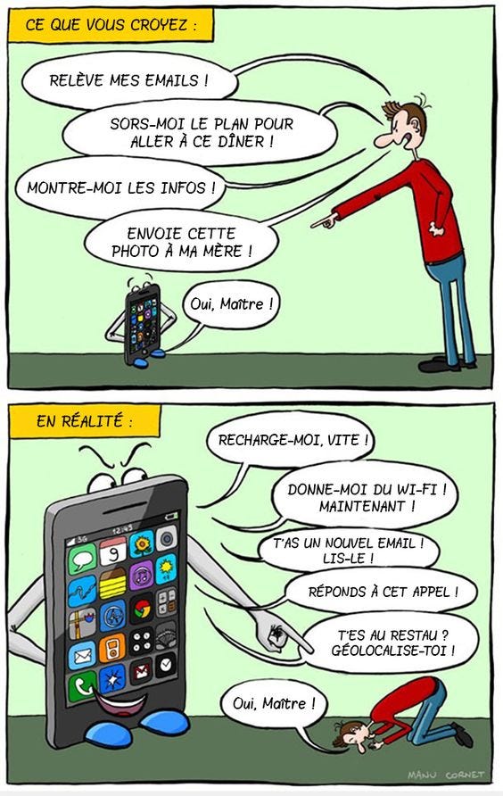 En faut "ce que vous croyez" un humain donne des ordre à son téléphone.
En bas "En réalité" le téléphone donne des ordre à l'humain qui se prosterne. 