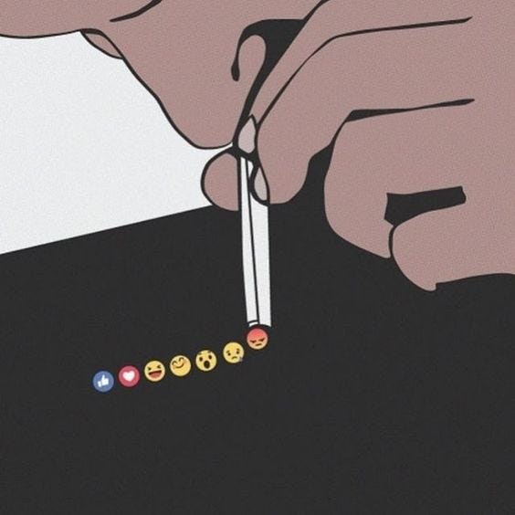 On voit un homme qui sniffe des émoji avec une paille dans le nez. 