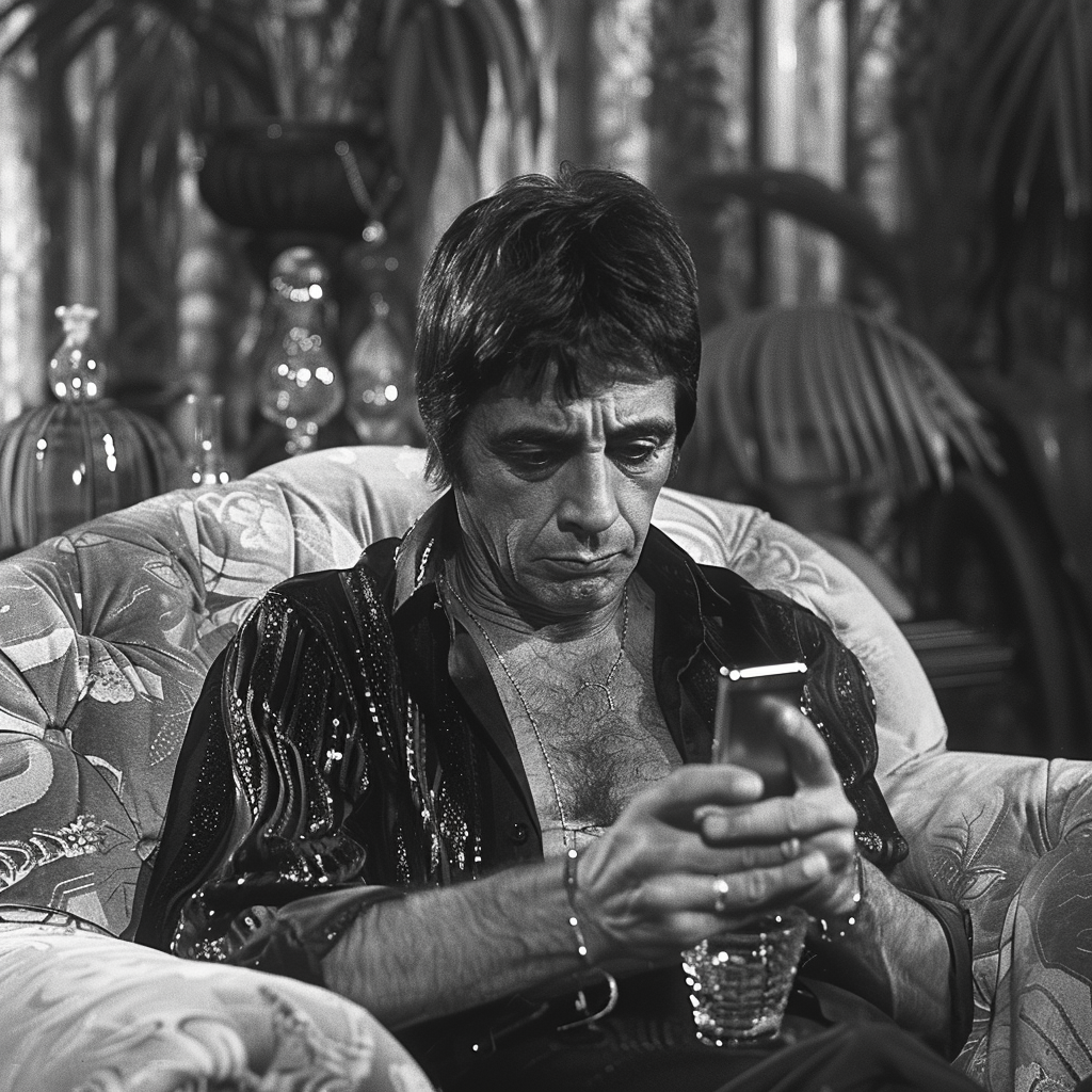 Tony Montana et son smartphone. 
Image noir et blanc réalisée à l'aide d'une IA