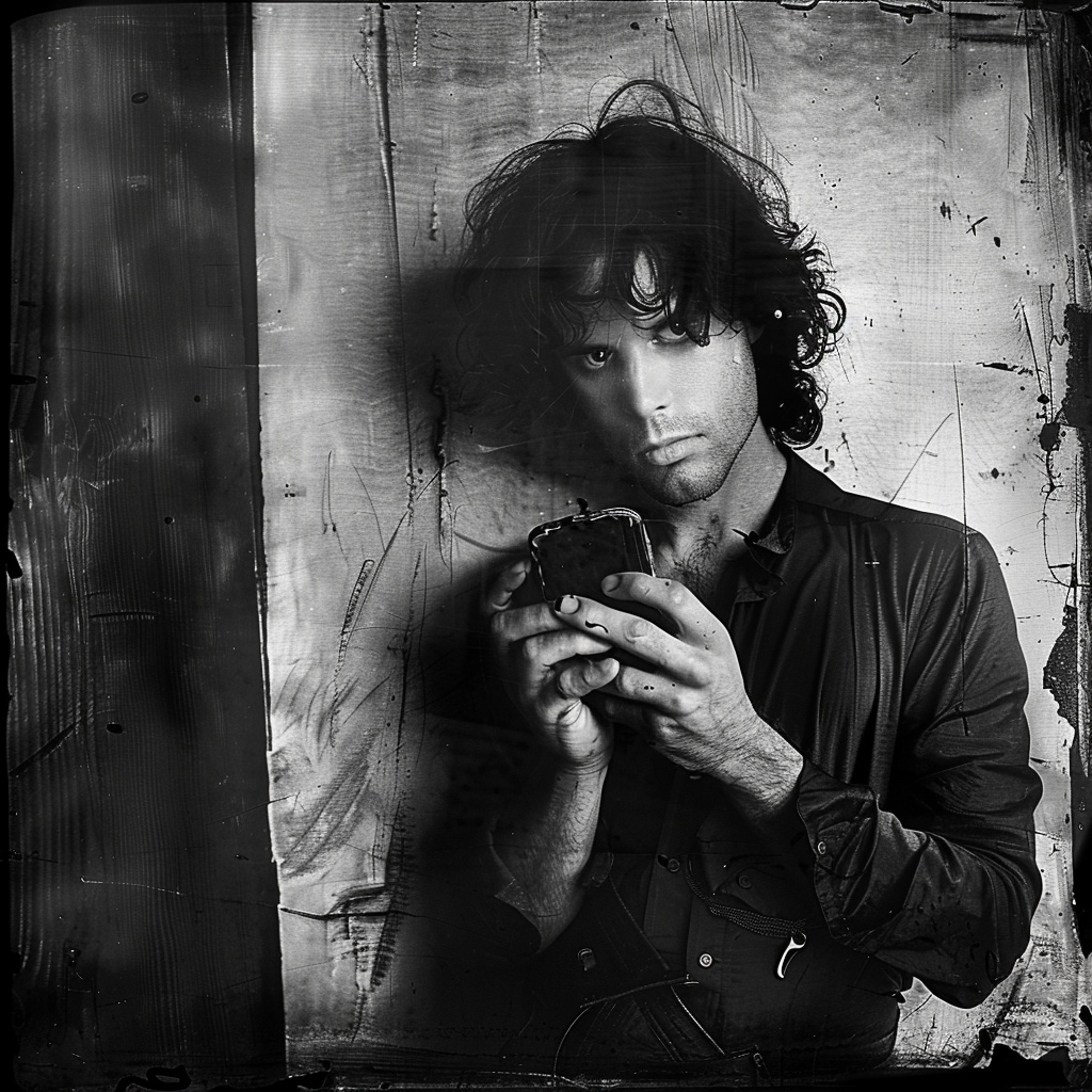 Jim Morrison et son smartphone. Image noir & blanc, réalisée à l'aide d'une IA 