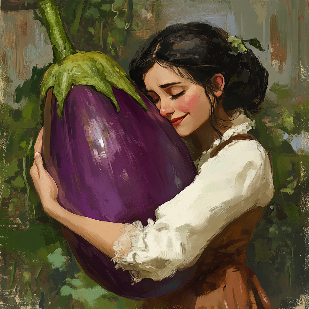 Illustration réalisée à l'aide d'une intelligence artificielle. On voit Ada Lovelace qui enlace une énorme aubergine. 