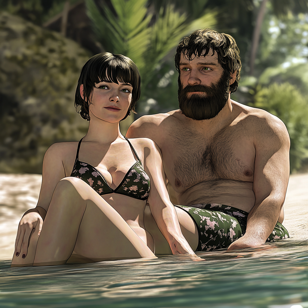 Illustration réalisée avec une intelligence artificielle. On voit le narrateur et Ada Lovelace en maillot de bain. Ils sont sur une plage idyllique comme dans le Lagon bleu.