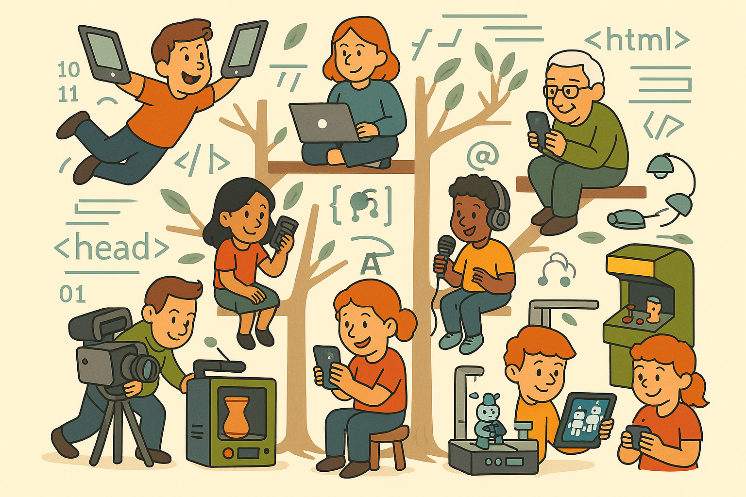 Illustration colorée de style cartoon représentant une grande scène d’activités numériques en intelligence collective autour de deux arbres. On y voit des enfants, des adolescents et des adultes engagés dans diverses pratiques numériques : un garçon vole avec deux smartphones en guise d’ailes, une fille code sur un ordinateur portable perché dans un arbre, un senior consulte un smartphone, deux enfants enregistrent un podcast, un autre filme avec une caméra, un autre encore supervise une imprimante 3D. On voit aussi une borne d’arcade artisanale, une tablette affichant un robot, et des symboles numériques comme des balises HTML, du code binaire, et des signes “@”. L’image illustre la diversité des postures numériques dans une ambiance de création, de partage et de transmission intergénérationnelle.