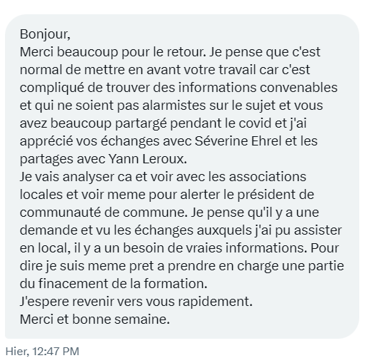 Capture d'écran d'un commentaire élogieux reçu sur les réseaux sociaux.