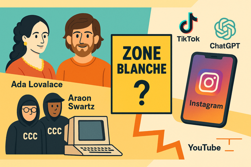 Illustration de l'absence de culture numérique dans les associations de jeunesse. On voit Ada Lovelace et Aaron Swartz ; deux adolescents et un ordinateur ; un smartphone et les logos de Instagram, TikTok, YouTube e(t ChatGPT. 
Au milieu un encart : Zone blanche ? 