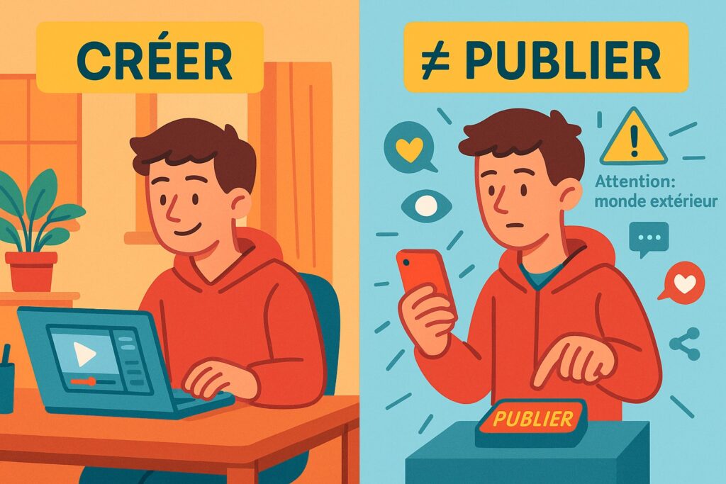 Illustration deux colonnes. 
A gauche : créer
A droite :  ≠ Publier